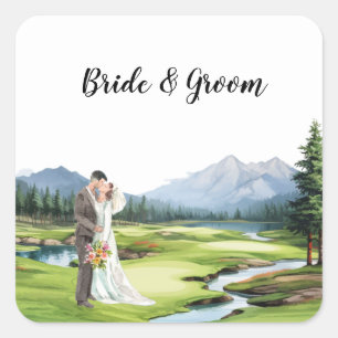 Golf Wedding with bride and groom  Square Sticker
