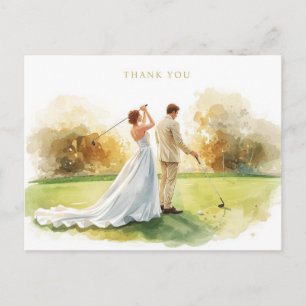 Golf wedding with bride and groom with text postcard