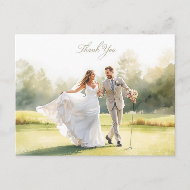 Golf wedding with bride and groom with text postcard (Front)