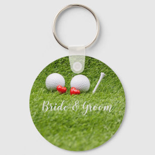 Golf Wedding with golf ball tee with love on green Keychain