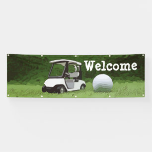 Golf Welcome Banner with golf cart on green grass