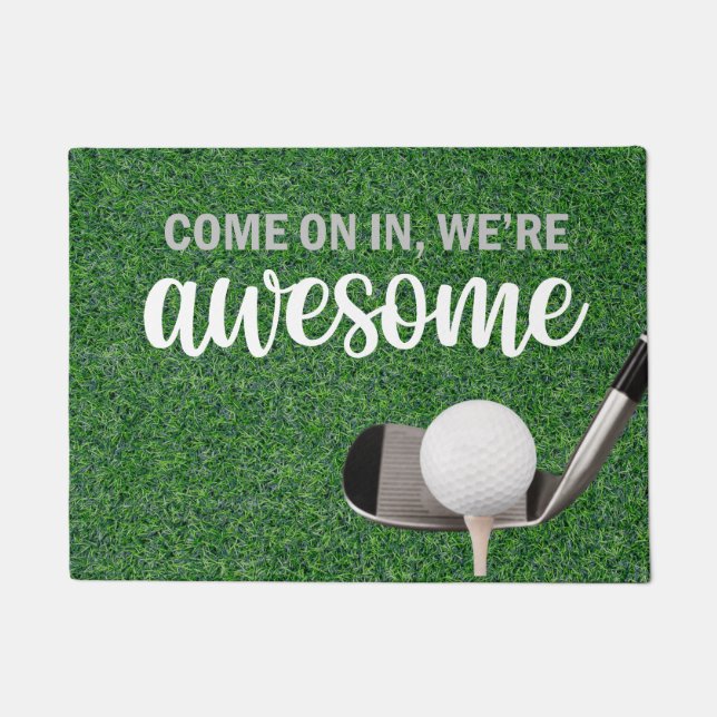 Golf Welcome  door mat with iron and ball on green (Front)