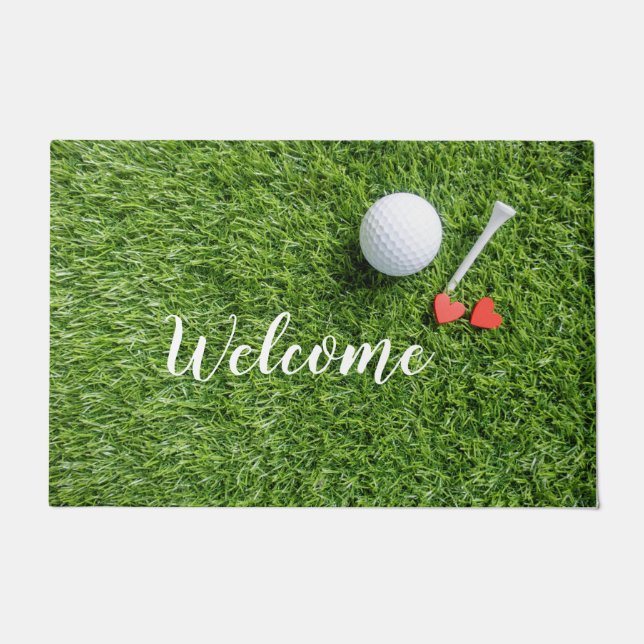 Golf welcome mat with love on green grass (Front)