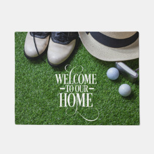 Golf Welcome to golfer home with ball on green   Doormat