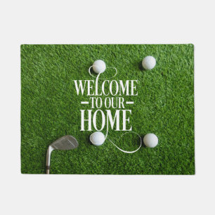 Golf Welcome to golfer home with ball on green Doormat