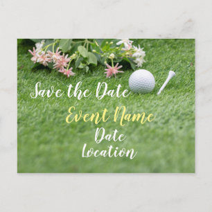 Golf with flowers on green grass save the date postcard