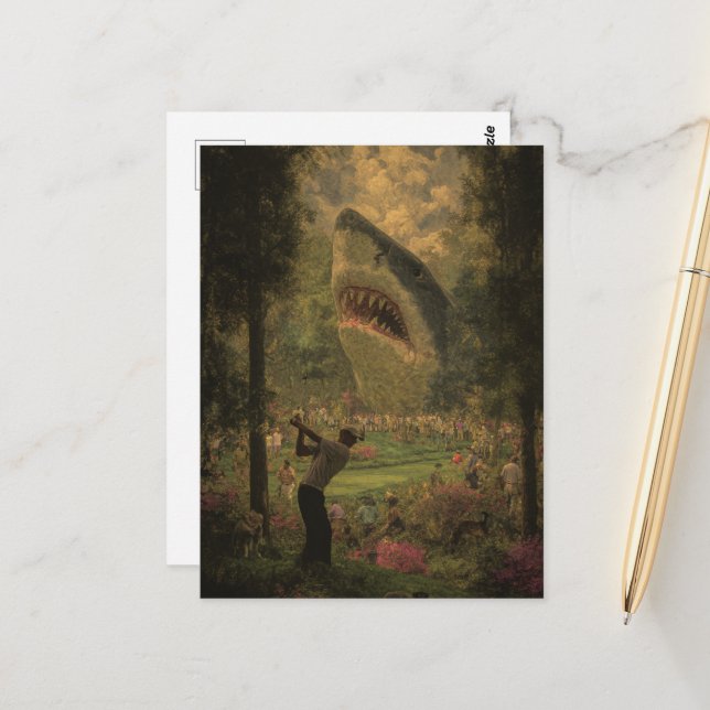 Golf With Surreal Shark Postcard (Front/Back In Situ)