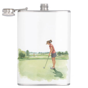 Golf woman golfer is golfing putting on green  hip flask