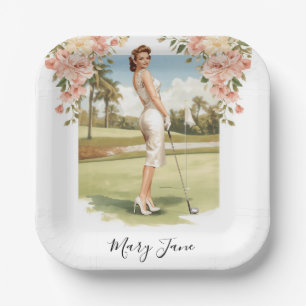 Golf Woman golfer on golf course Bridal Paper Plate