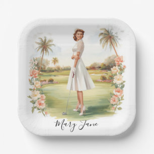 Golf Woman golfer on golf course Bridal Paper Plate