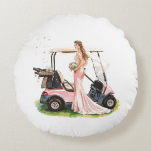 Golf woman golfer & pink cart  Bachelorette party Round Pillow
