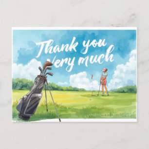 Golf woman golfer with bag on green postcard