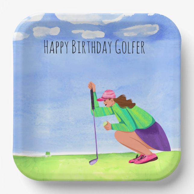 Golf woman is playing golf  Birthday golfer Paper Plate (Front)
