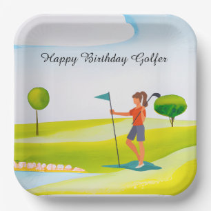 Golf woman is playing golf  Birthday golfer Paper Plate