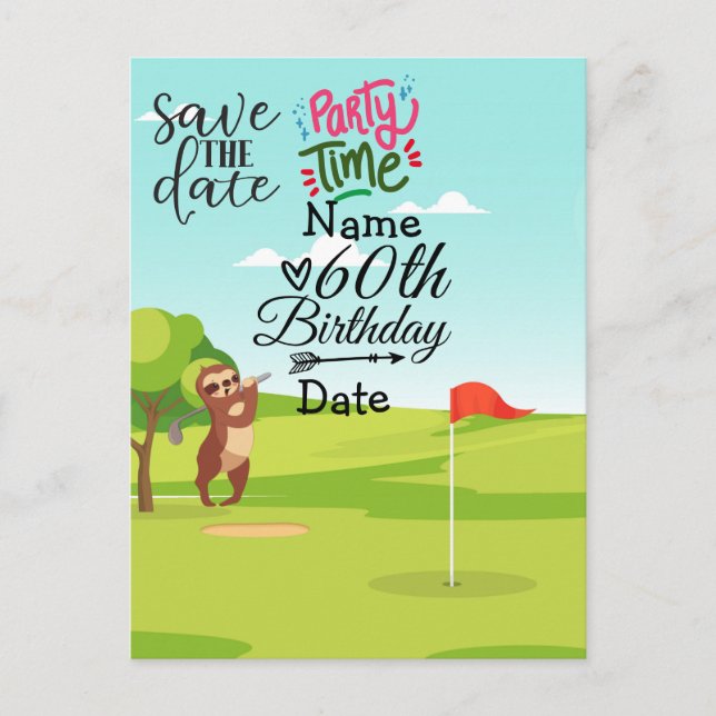 Golfer 60th Birthday with golf cart Save the Date  Invitation Postcard (Front)