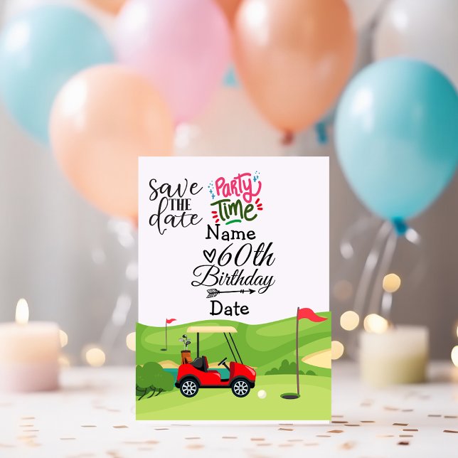 Golfer 60th Birthday with golf cart Save the Date Invitation Postcard (Creator Uploaded)