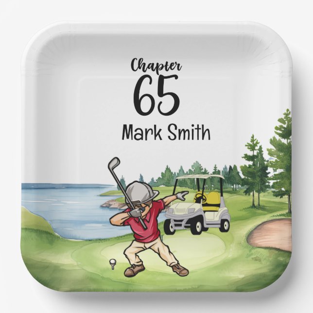 Golfer 65th Birthday Dabbing with golf cart Paper Plate (Front)