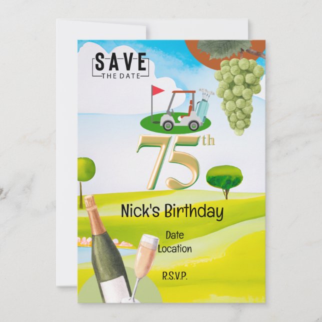 Golfer 75th Birthday on golf course Invitation (Front)
