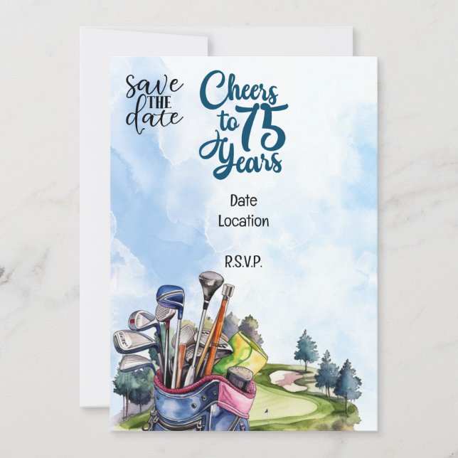 Golfer 75th Birthday with golf bag Save the Date  Invitation (Front)