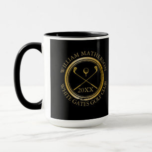 Golfer and Club Name Date Black and Gold Mug