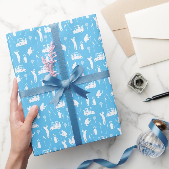 Golfer and golf cart on blue background wrapping paper (Gifting)