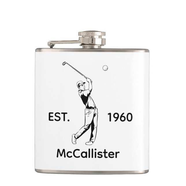Golfer and Personalized name and year Hip Flask (Front)