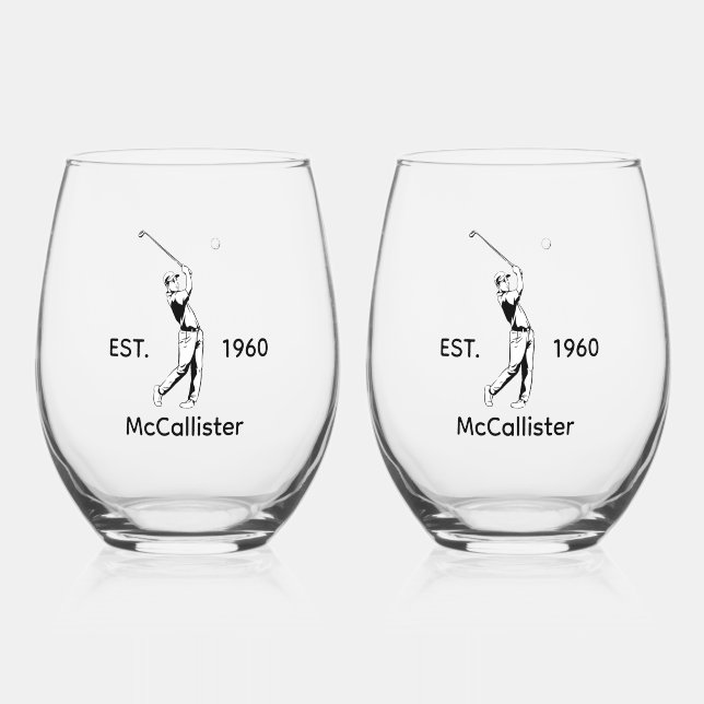 Golfer and Personalized name and year Stemless Wine Glass (Front)