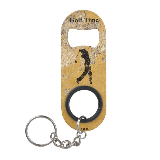 *~* Golfer Bartender Rough Gold and Tan Textured Keychain Bottle Opener (Front)