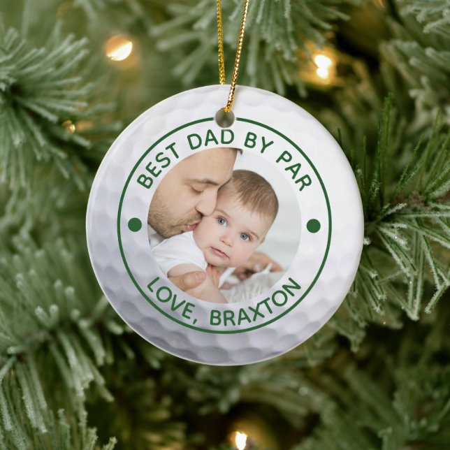 Golfer BEST DAD BY PAR Photo Golf Ball Ceramic Ornament (Tree)