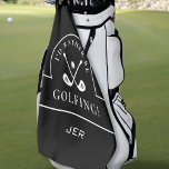 Golfer Black I'd Rather Be Golfing Monogrammed Pro Golf Towel<br><div class="desc">Custom design for your favourite avid golfer features a golf ball and crossed golf clubs in white placed inside a coordinating circle & band. Arched text "I'd RATHER BE GOLFING" is displayed in white font. The background is solid black and features a modern template to customize with initials or name...</div>