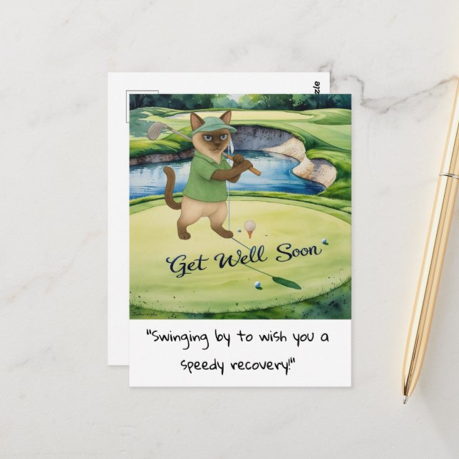 Golfer Cat lovers get well soon speedy recovery Postcard (Front/Back In Situ)