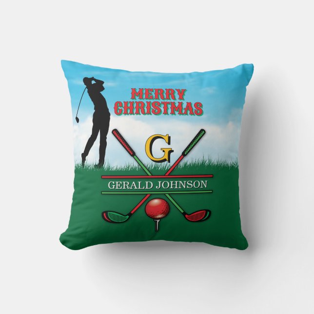 Golfer Customized Christmas Monogram Design Throw Pillow (Front)