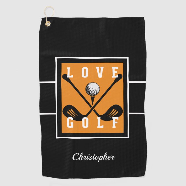 Golfer Fun Golf Lover Name Template Black & Orange Golf Towel (Front)