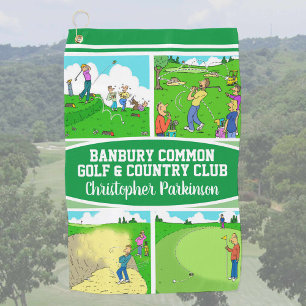 Golfer & Golf Club Name with 4 Funny Cartoons Towel
