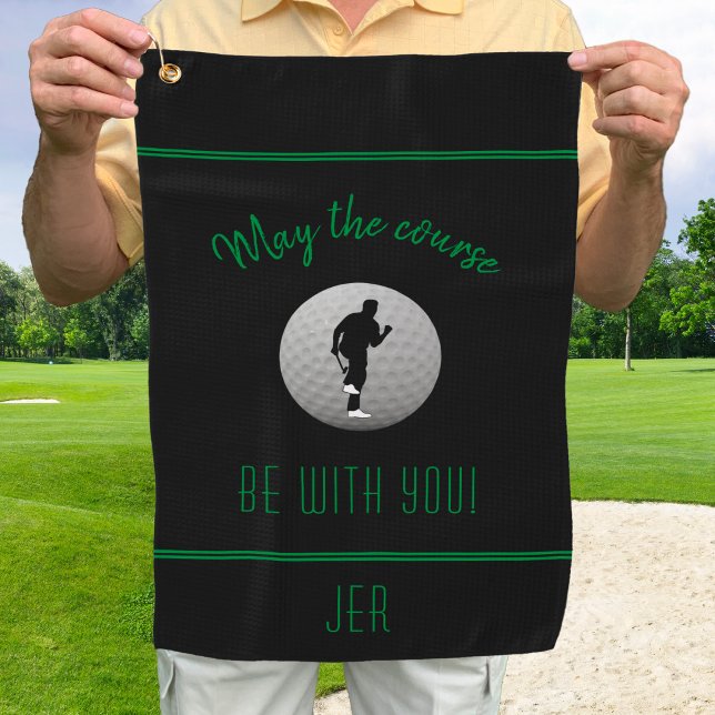 Golfer Golf Course Black Funny Modern Monogrammed Golf Towel (Creator Uploaded)