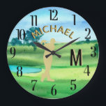 Golfer Golf Course Custom Name 3-D Monogram Large Clock<br><div class="desc">A custom unique golf lover's wall clock-- tastefully done -- ready to run the course -- scenic - golfer in action - and personalize with a custom two-tone monogram as well and their name as well. This is a great gift for all gentlemen golf lovers -- fun / attractive /...</div>