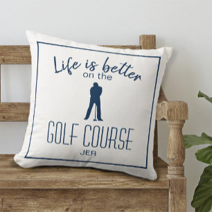 Golfer Golf Course Quote Monogrammed White Blue Throw Pillow