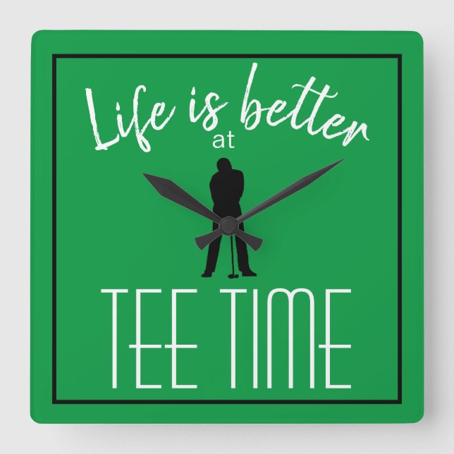 Golfer Golf Course Tee Time Green Black Square Wall Clock (Front)