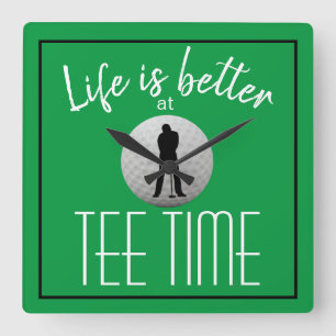 Golfer Golf Course Tee Time Green White Square Wall Clock
