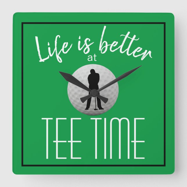 Golfer Golf Course Tee Time Green White Square Wall Clock (Front)