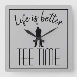 Golfer Golf Course Tee Time Grey Black Square Wall Clock