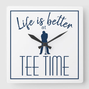 Golfer Golf Course Tee Time White Blue Square Wall Clock
