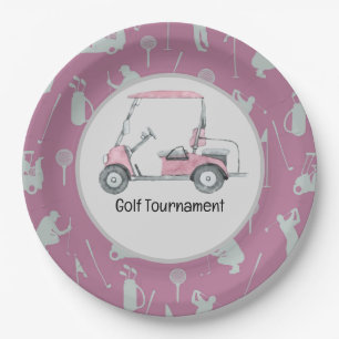 Golfer Golfing Golf Cart party tournament pink Paper Plate