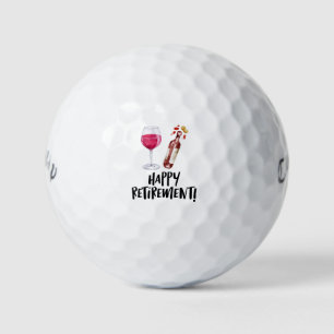 Golfer happy retirement with wine glass and bottle golf balls