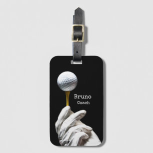 Golfer holds ball on pin ready to tee off luggage luggage tag