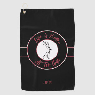 Golfer Humour Tee Time Sport Monogram Black Crimso Golf Towel