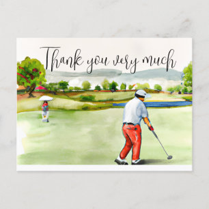 Golfer in golf course watercolor thank you card
