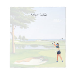 Golfer lady is golfing note pad