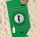 Golfer Male Sports Pro Golf Ball Cute Green Black Beach Towel<br><div class="desc">Modern design features a preppy green background showcasing a realistic golf ball with a male golfer silhouette in classic black accented with white and black colour stripes. Fun golf quote text reads, "Eat, Sleep, Golf, Repeat! Any Questions" in black typography. Customize with name, initials or short line of custom text....</div>
