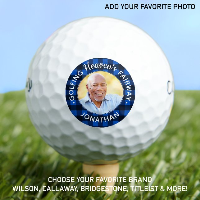 Golfer Memorial Blue Plaid Personalized Photo Golf Balls (Creator Uploaded)